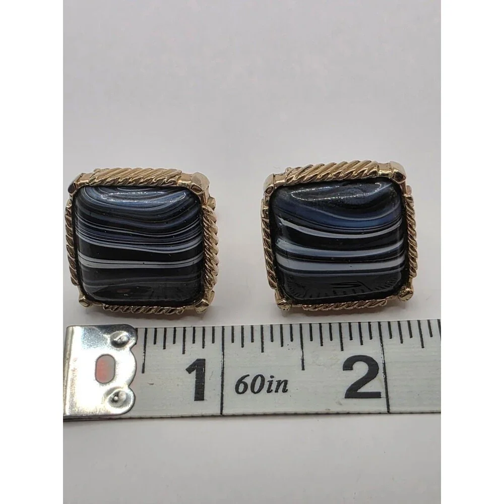 VTG Agate Cufflinks w\ Rope Edge Striped Goldtone Textured Back 1